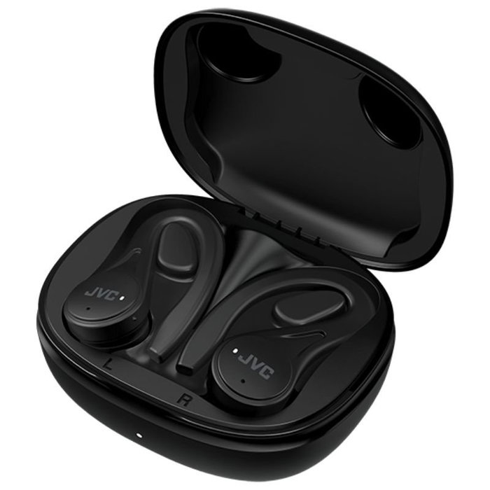 JVC HA-EC25T Auriculares True Wireless Deportivos Bluetooth 5.1 con Gancho, Autonomía 30h, Resistencia Agua IPX5, Control Táctil, Negro